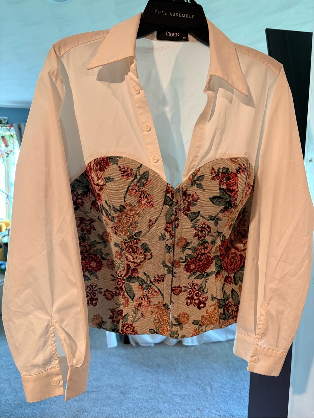 CIDER Floral Corset-Front White Shirt Top